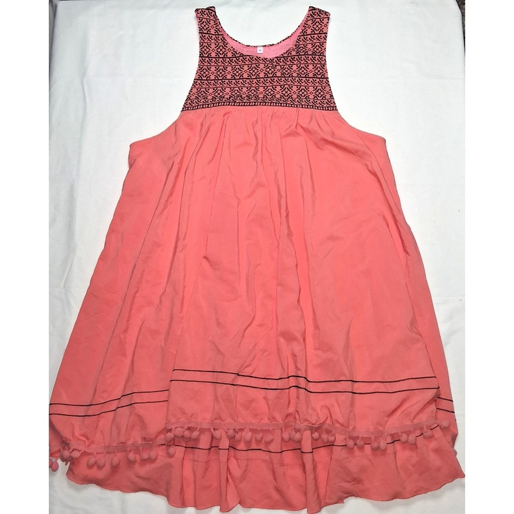 Coral Dress Sleeveless Pom Pom Trimmed Casual Summer Beach Size L